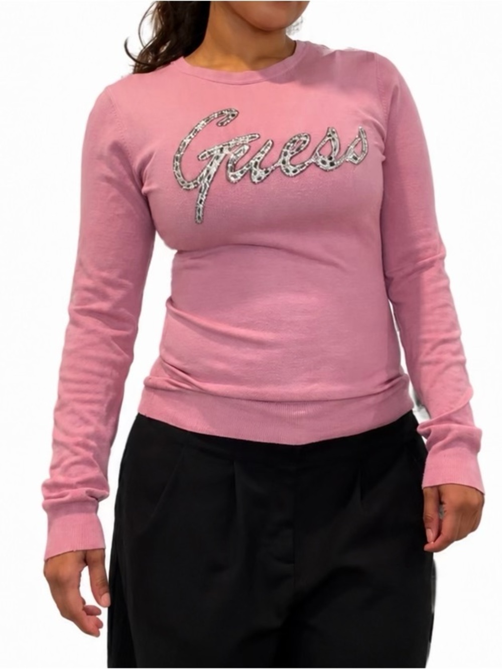 GUESS Pink Long-Sleeve Logo Knit Top